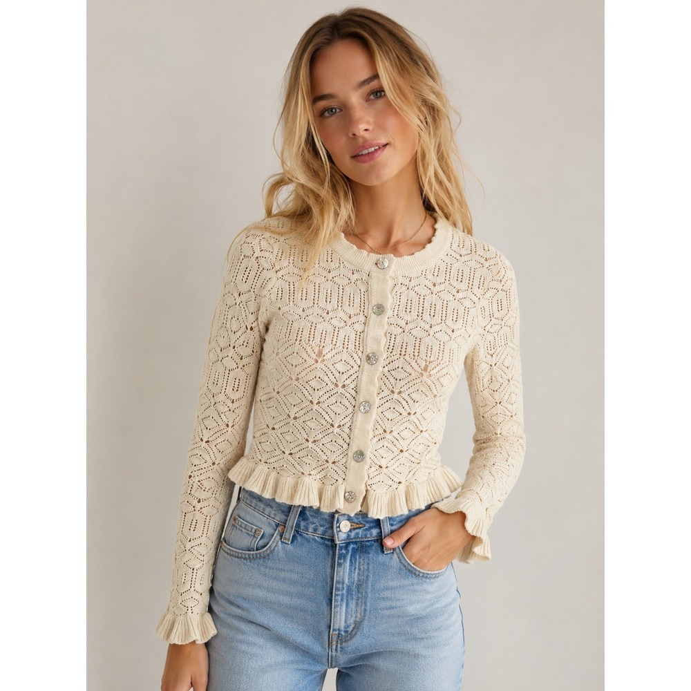 House of Harlow 1960 Ivory Pointelle Ruffle Cardigan Sweater Small
